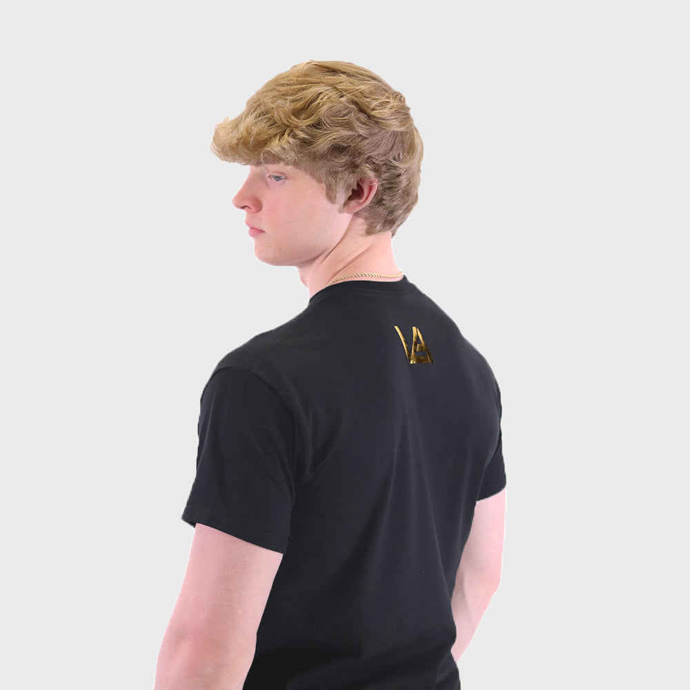 black shirt with gold logo