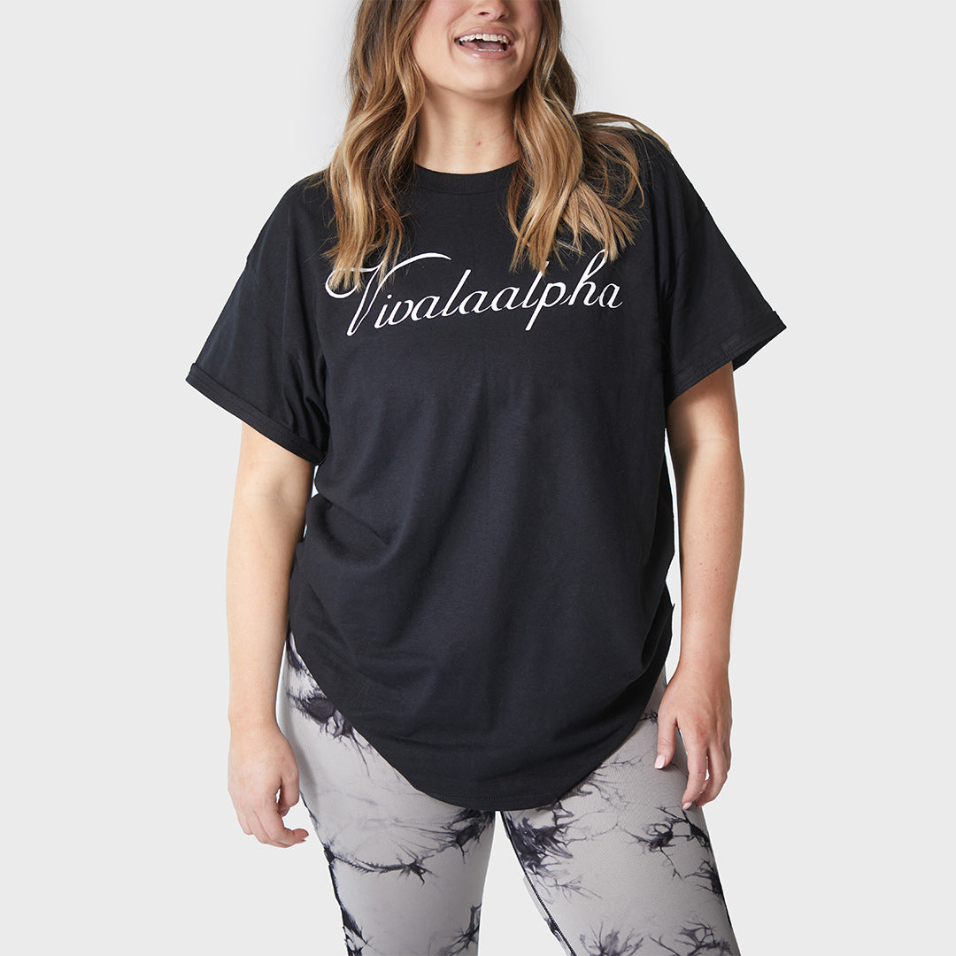 HER Oversized Tee with White" "Soft and lightweight fabric makes this t-shirt perfect for any activity" "Relaxed, oversized fit for comfortable wear" "Cursive font adds a touch of sophistication" "Elevate your wardrobe with this stylish and comfortable piece